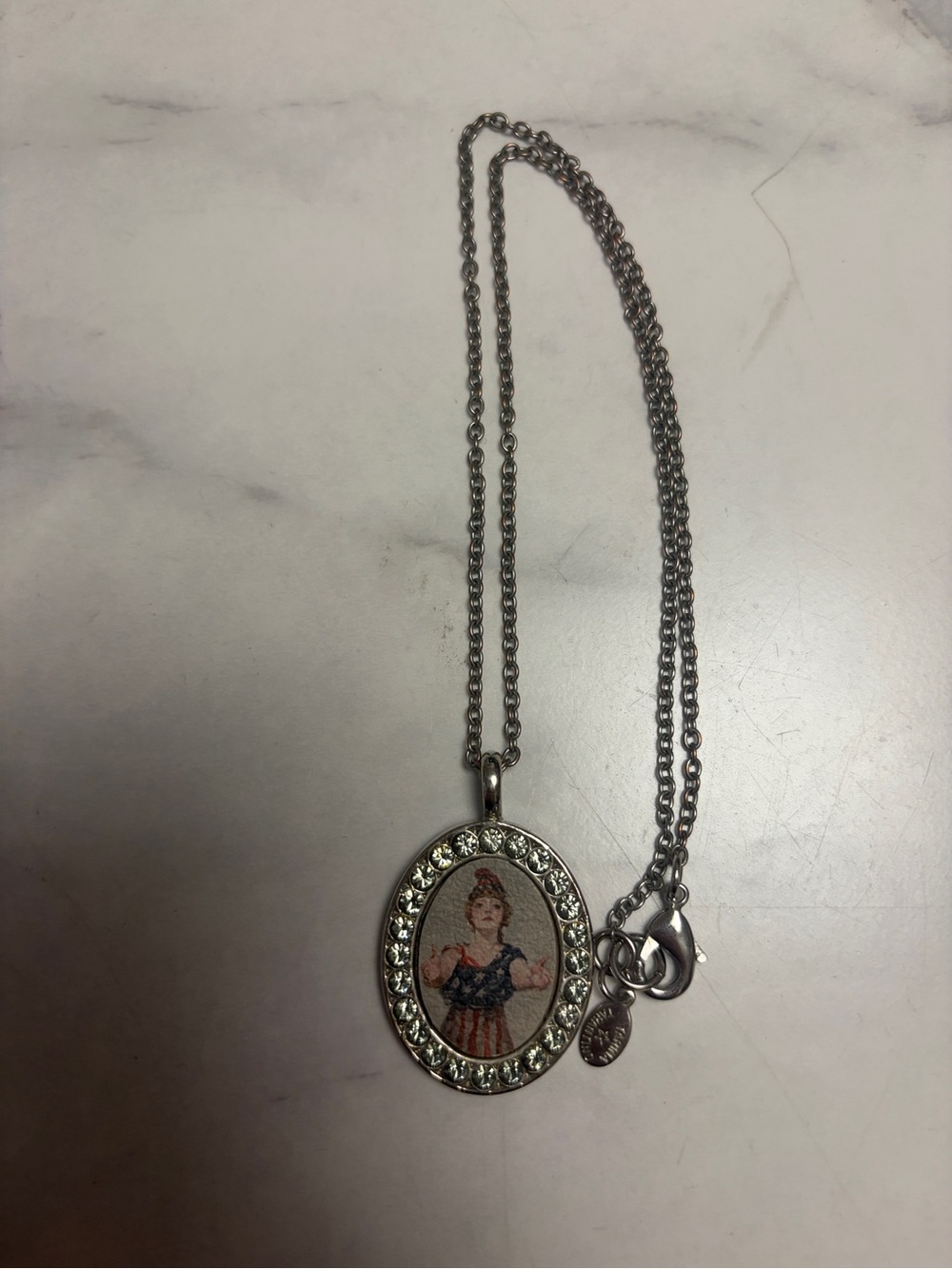 Vintage Tarina Tarantino Rhinestone Lady Liberty Pendant Necklace - Silver